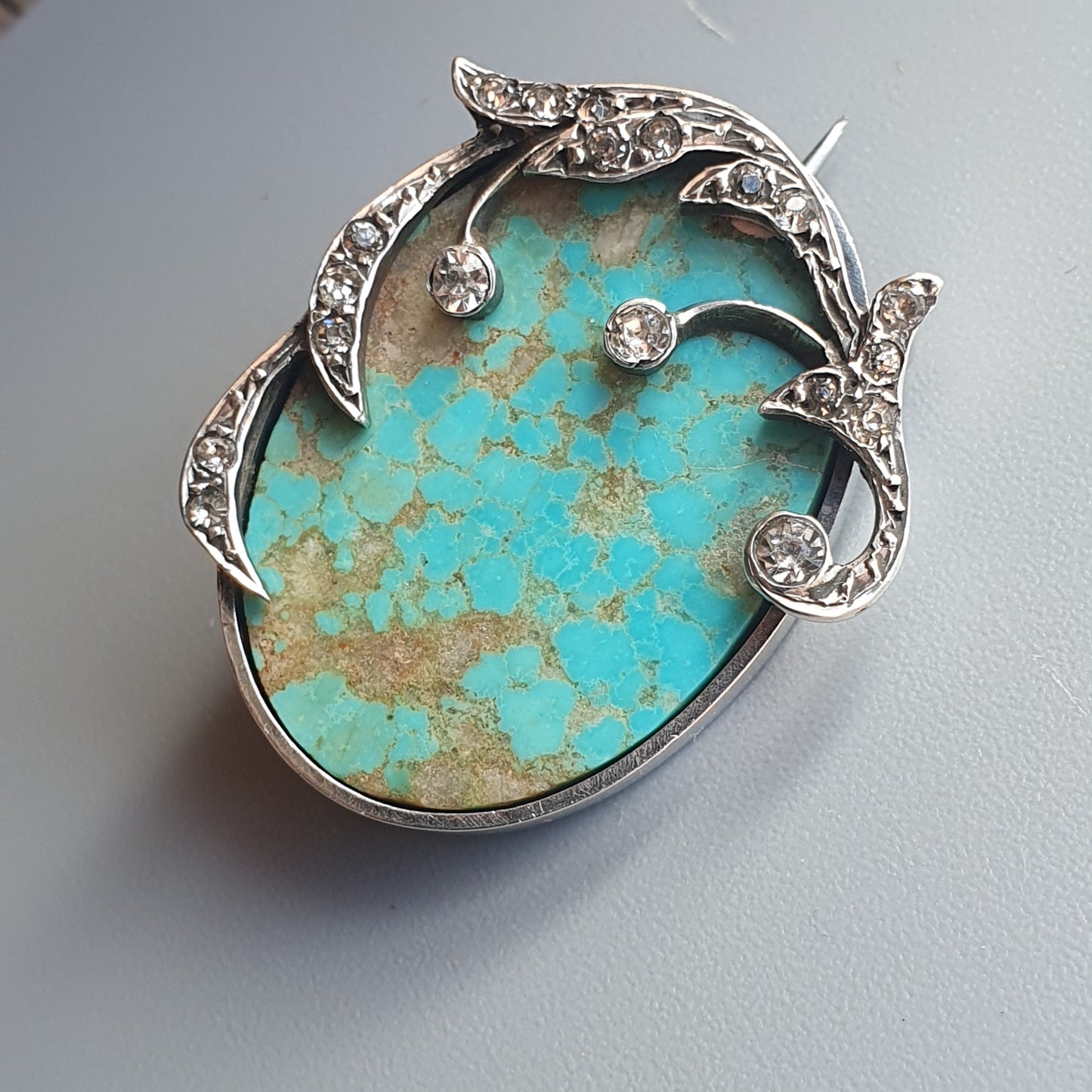 Antique Vintage Silver, Turquoise Stone & Glass Paste Brooch - Art Nouveau Style - Victorian Edwardian