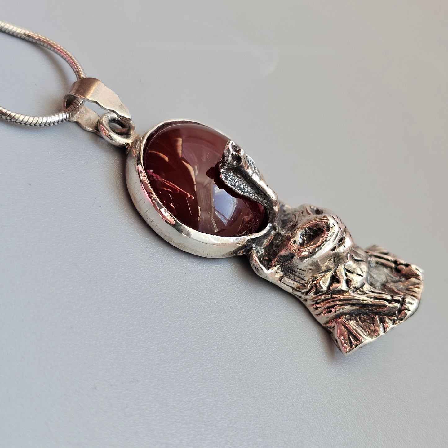 Vintage 1990s Sterling Silver Egyptian Revival Sekhmet Pendant with Carnelian Agate