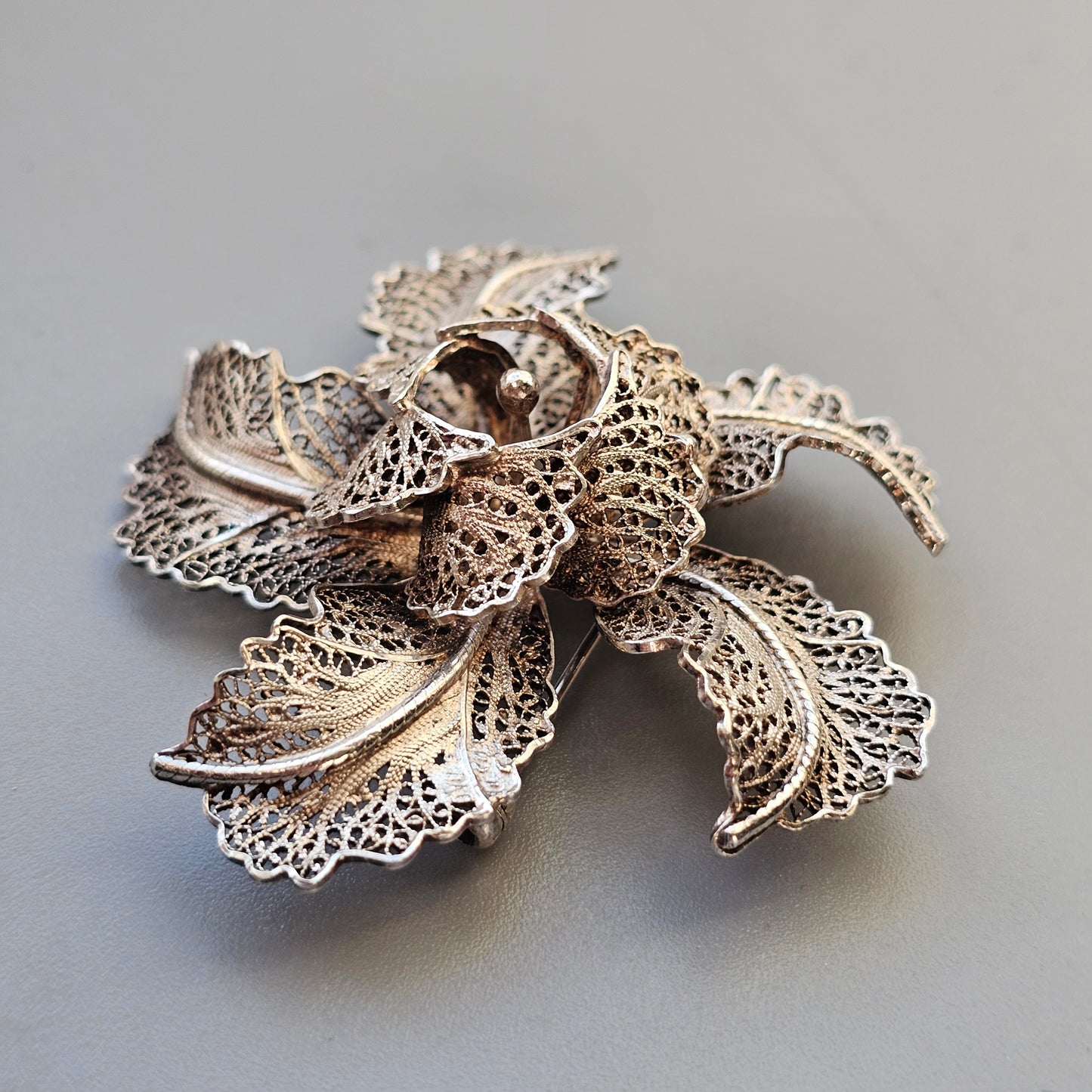 Vintage Portuguese Silver Filigree Flower Brooch
