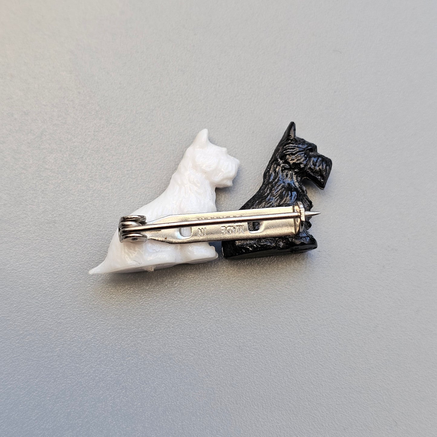 Vintage Plastic Black & White Scottish Terrier West Highland Terrier Brooch