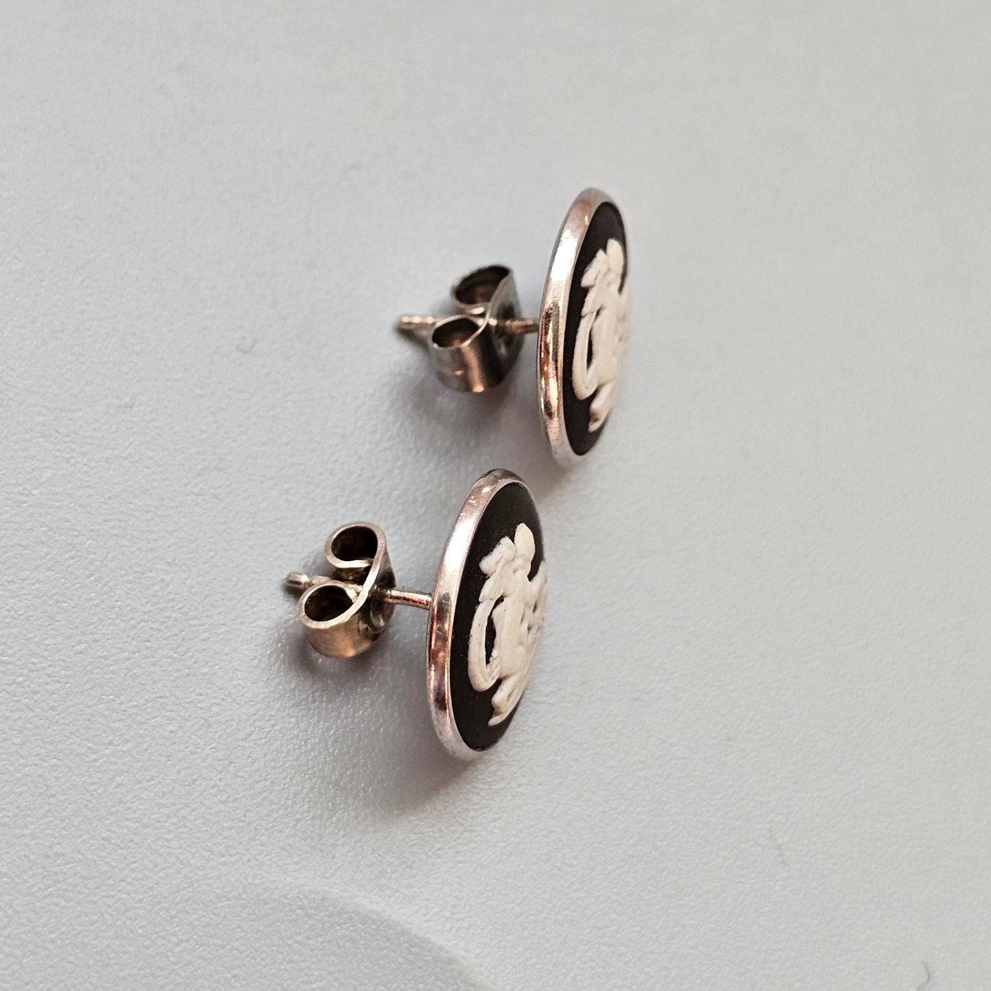 Vintage Wedgwood Black Jasperware Sterling Silver Cherub Stud Earrings