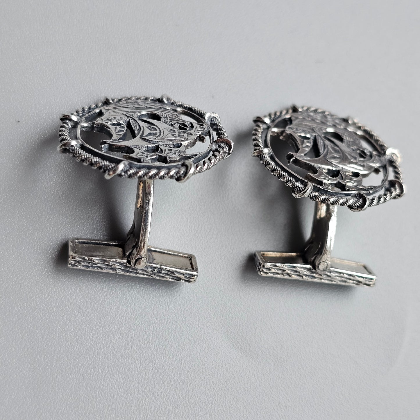 Vintage Portuguese Silver Nautical Galleon Ship Cufflinks