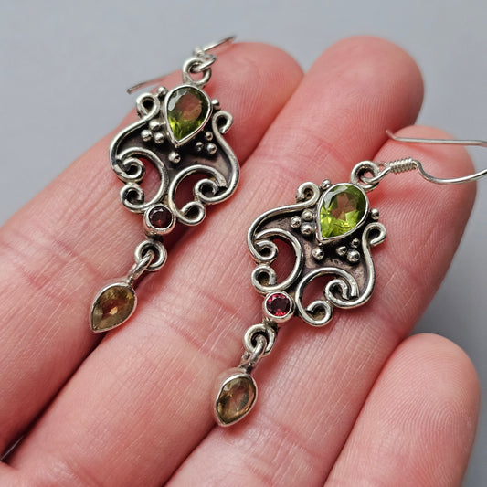 Sterling Silver Peridot Garnet and Citrine Drop Earrings