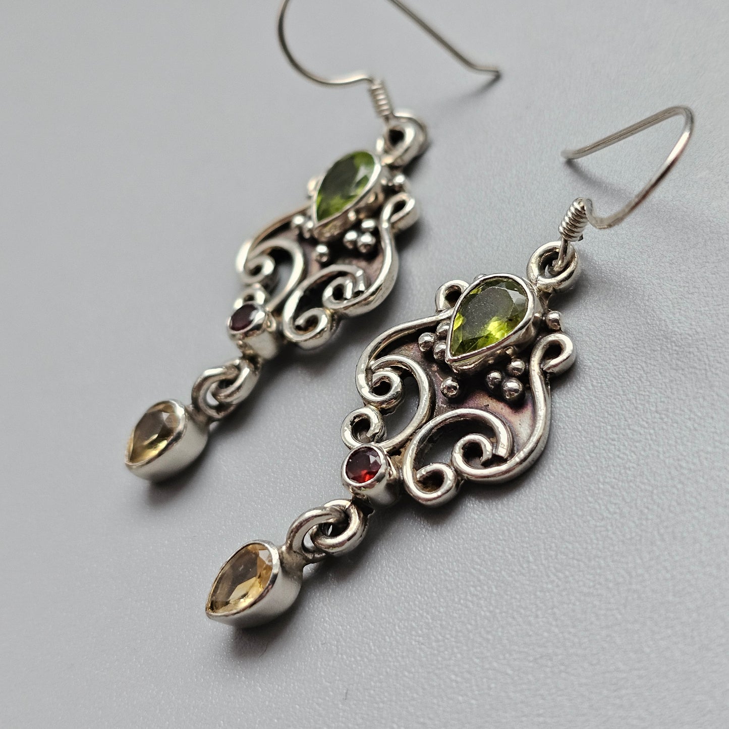 Sterling Silver Peridot Garnet and Citrine Drop Earrings