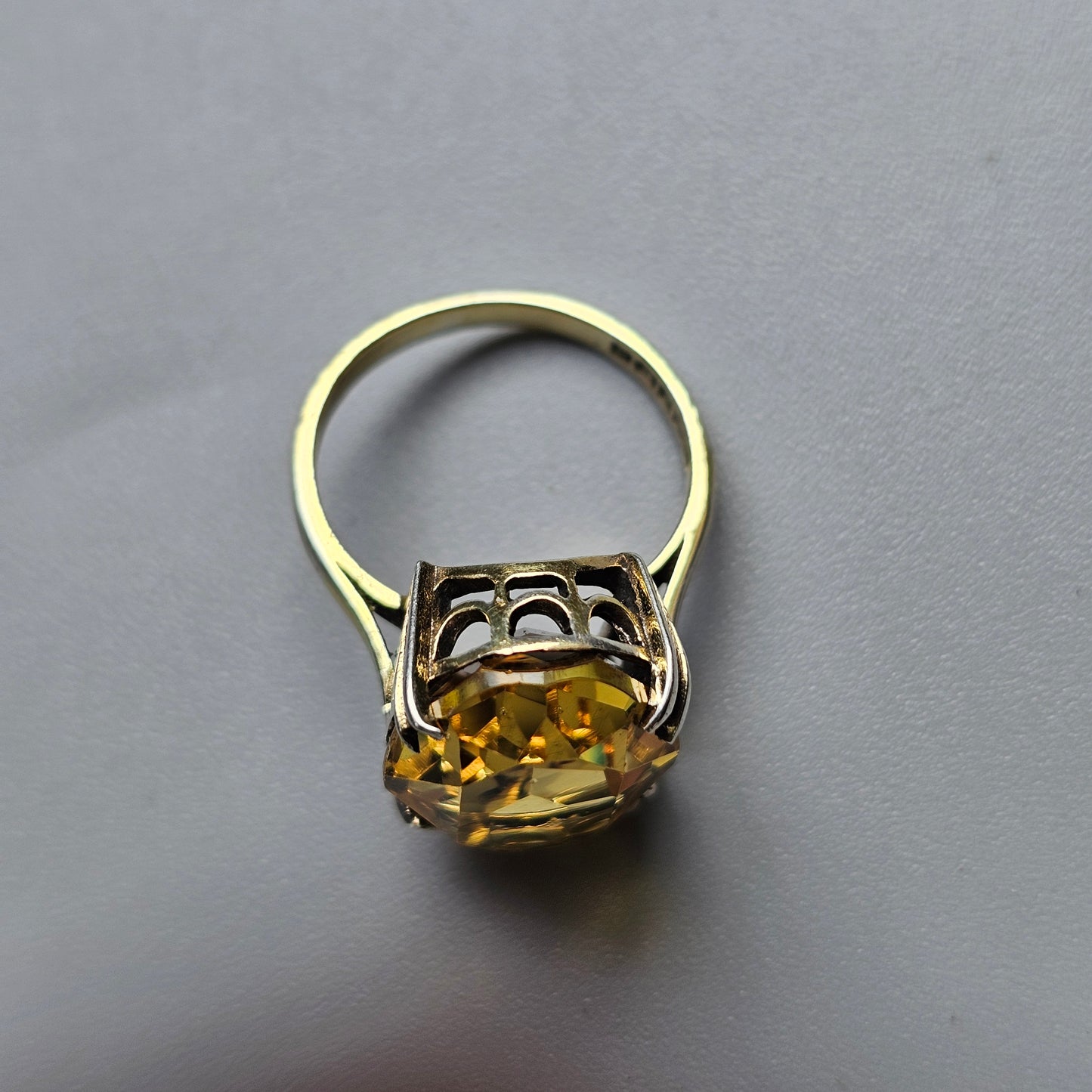 Vintage 1970s Gold Plated Sterling Silver with Citrine Style Glass Cocktail Ring