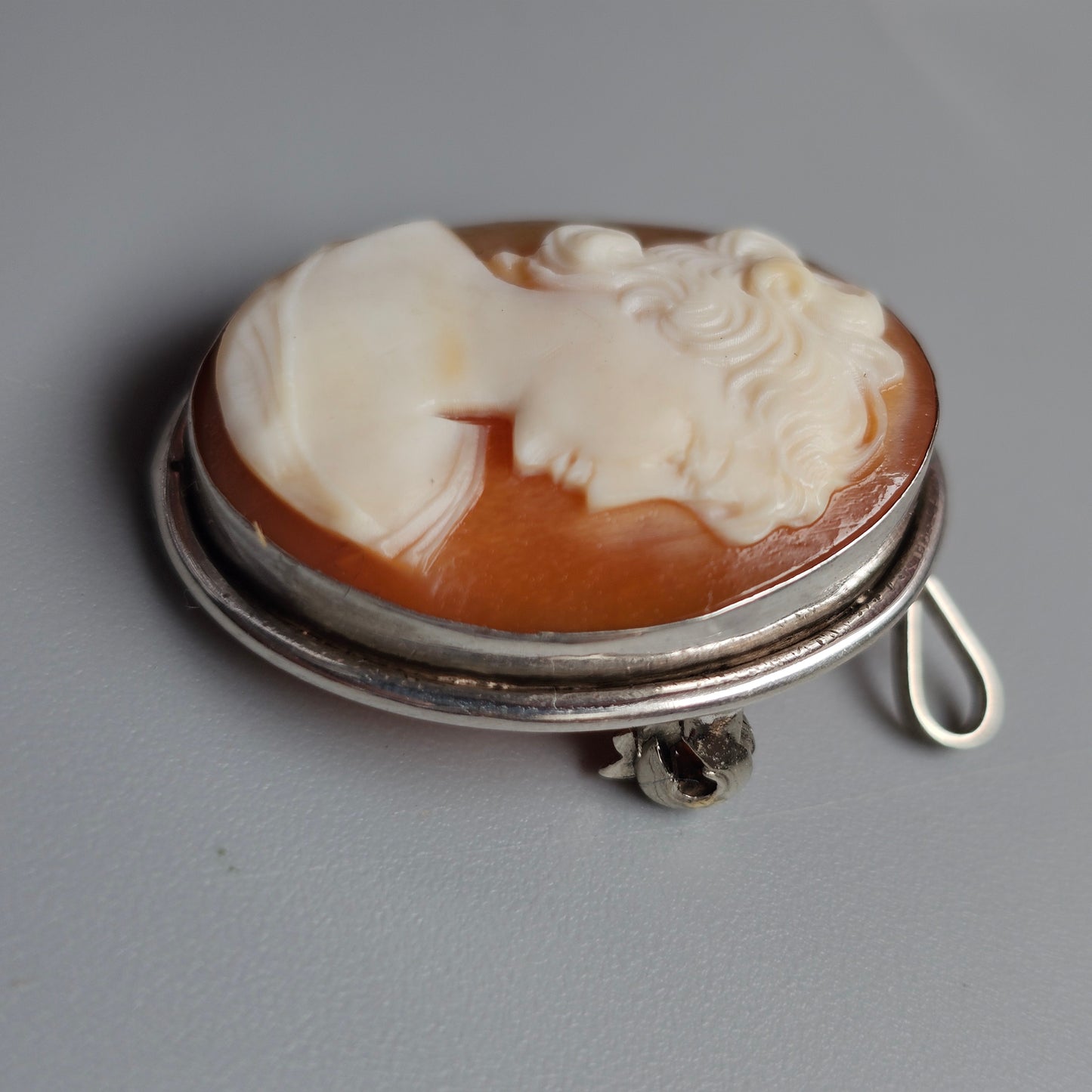 Vintage 800 Silver Framed Shell Cameo Brooch