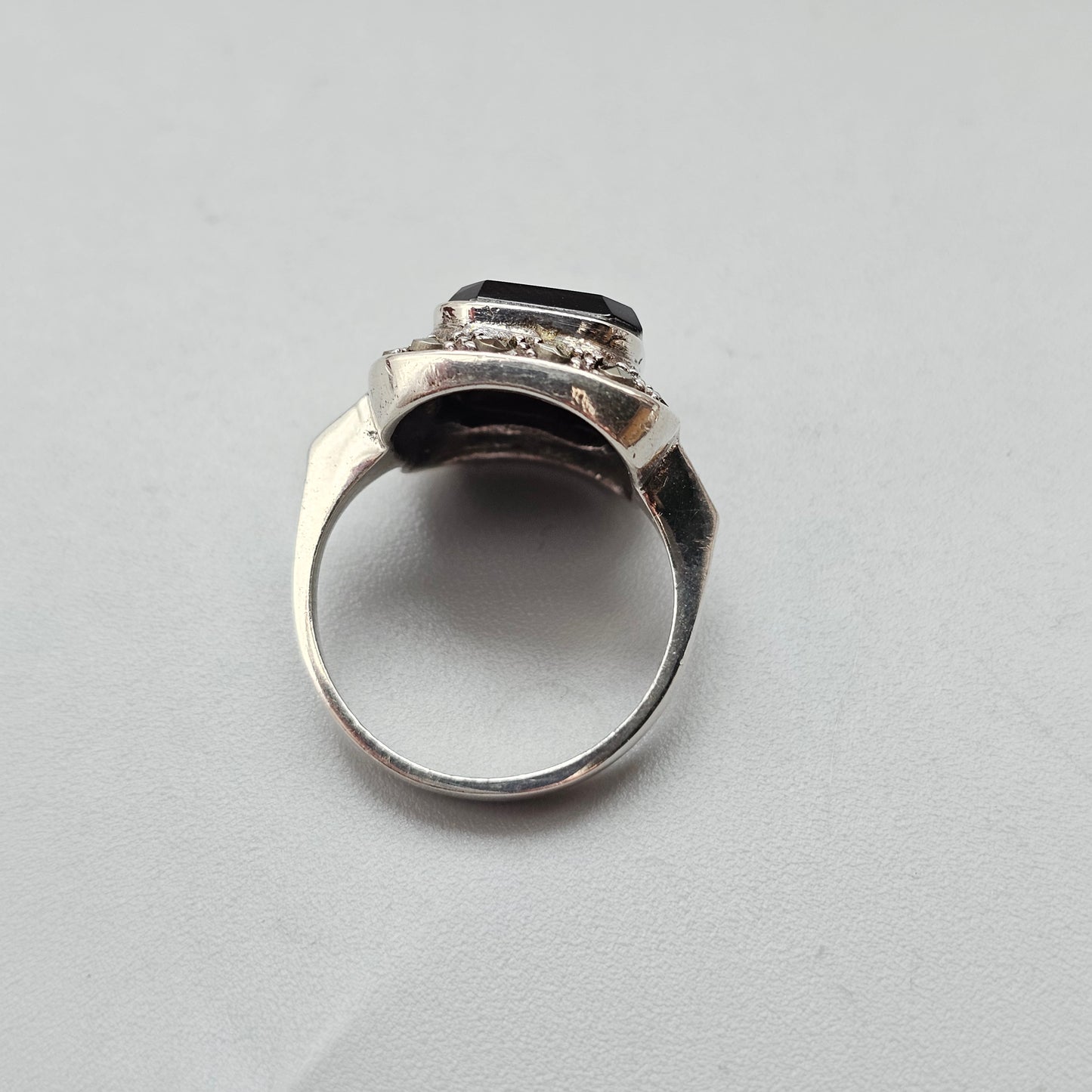 Art Deco Style Sterling Silver Onyx and Marcasite Ring
