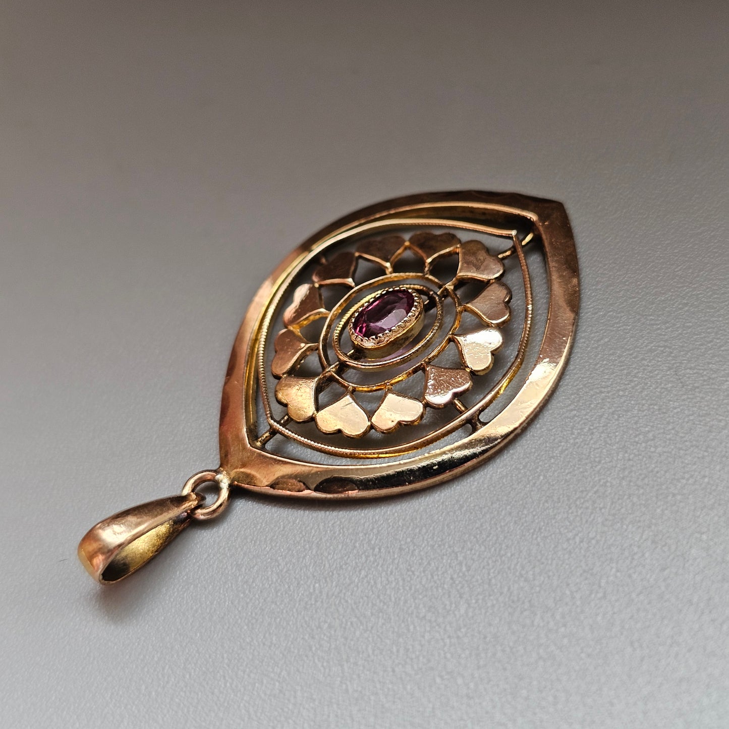 Antique Edwardian Kollmar & Jourdan Gold Filled Art Nouveau Style Pendant with Ruby Glass Paste