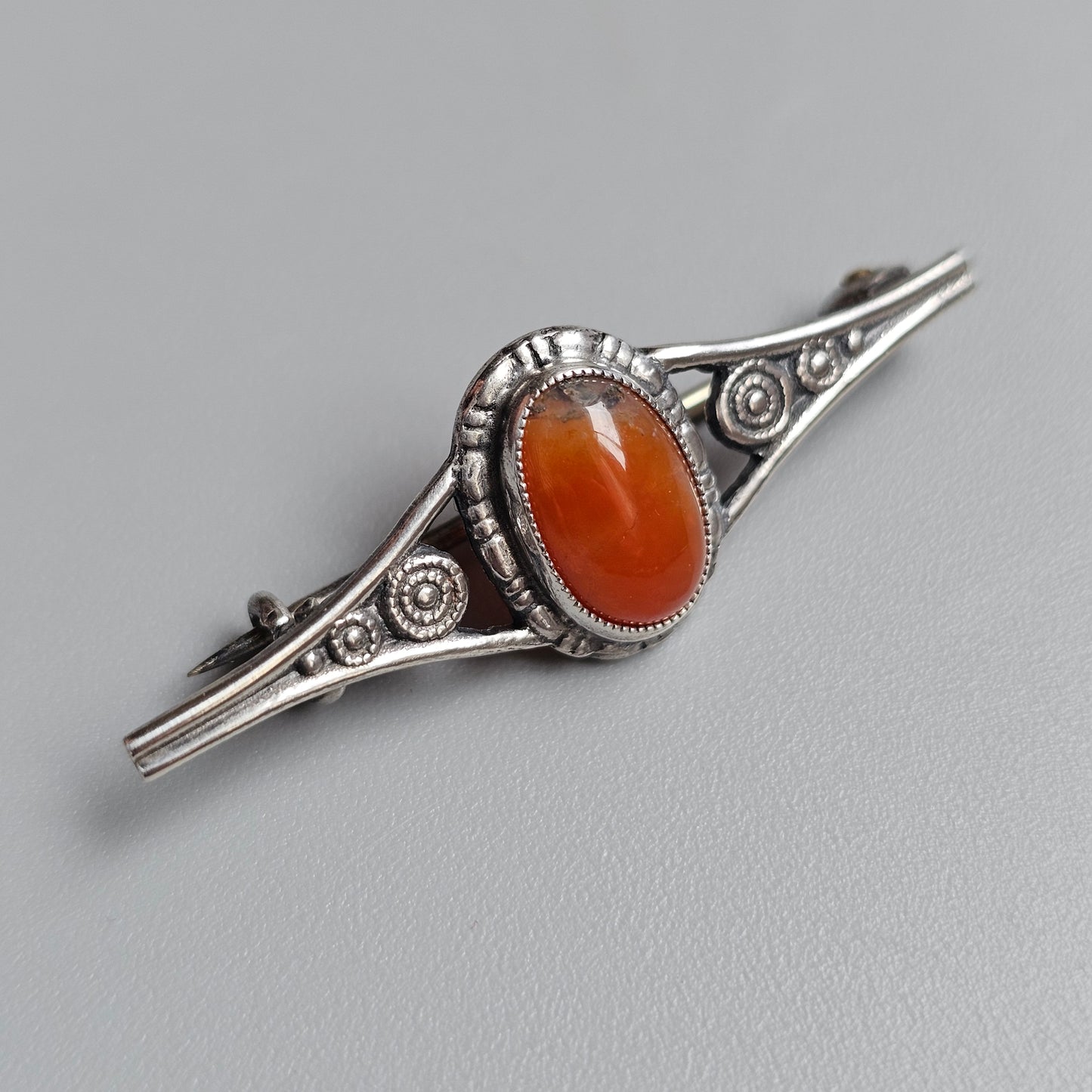 Antique Small Silver Moss Agate Bar Brooch Art Nouveau Arts and Crafts Style