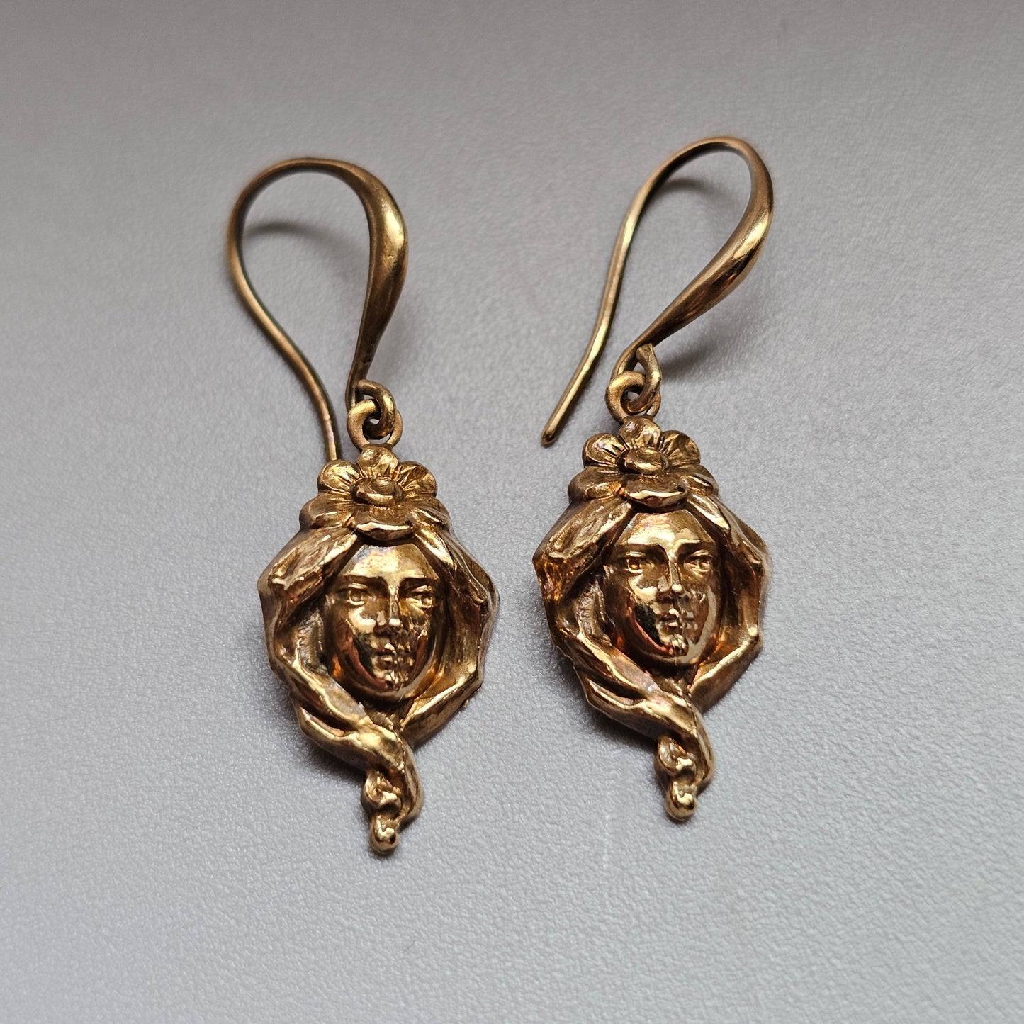 Antique Art Nouveau Belle Époque Gold Tone Repousse Face Earrings
