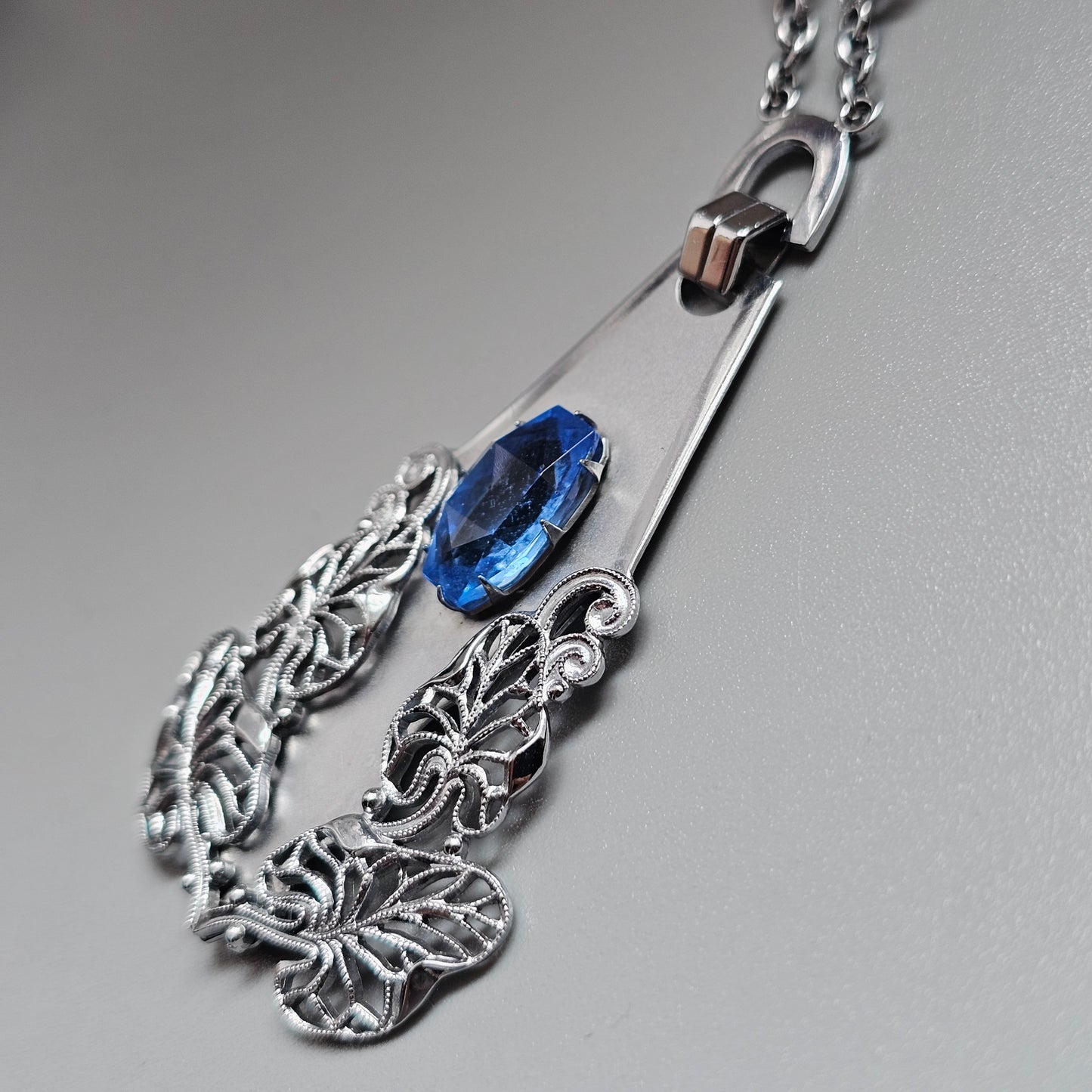 Vintage Art Deco Machine Age Chrome Blue Glass Necklace
