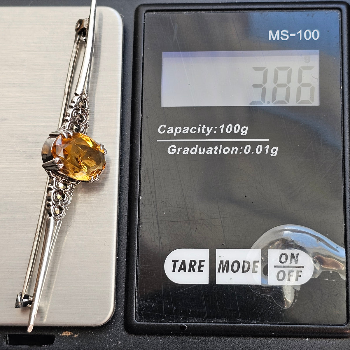 Antique Silver Citrine Marcasite Bar Brooch