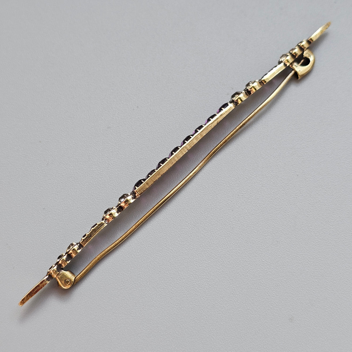 Antique Edwardian Art Deco Purple and Clear Paste Gold Tone Long Bar Brooch
