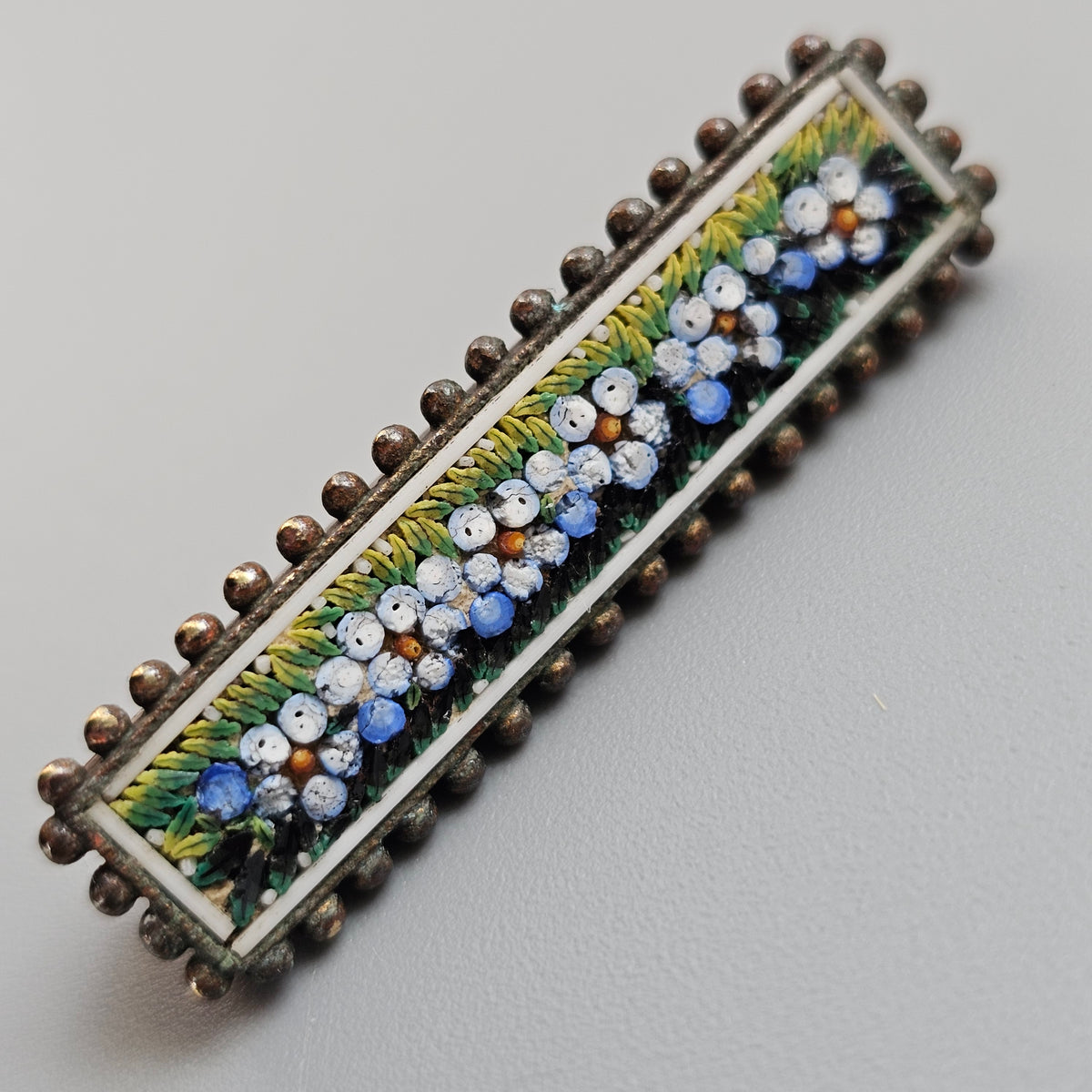 Antique Victorian Forget Me Not Micro Mosaic Bar Brooch