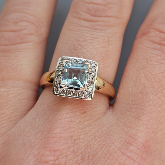 Contemporary Art Deco Style 9ct Gold Blue Topaz Diamond Cluster Ring