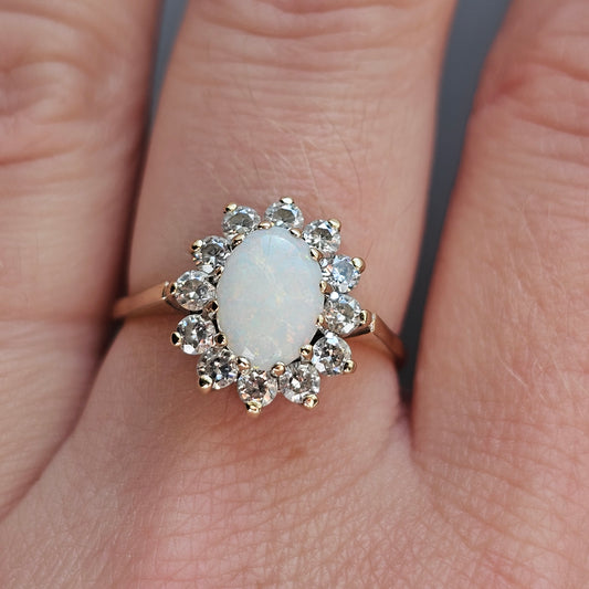 Vintage 1980s 9ct Gold Opal Cubic Zirconia Halo Cluster Ring