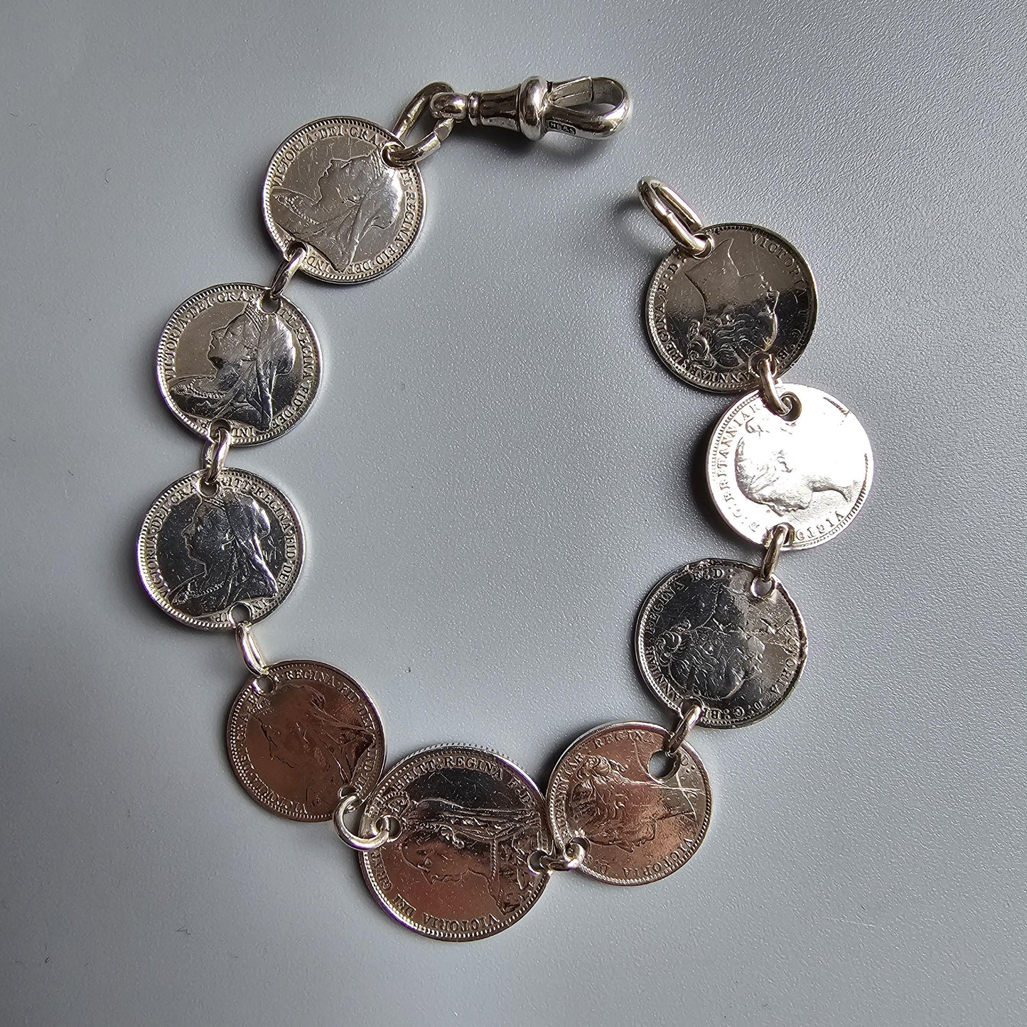 Antique Victorian Silver Coin Bracelet Made from Threepence and Sixpence Coins (1880s–1890s)