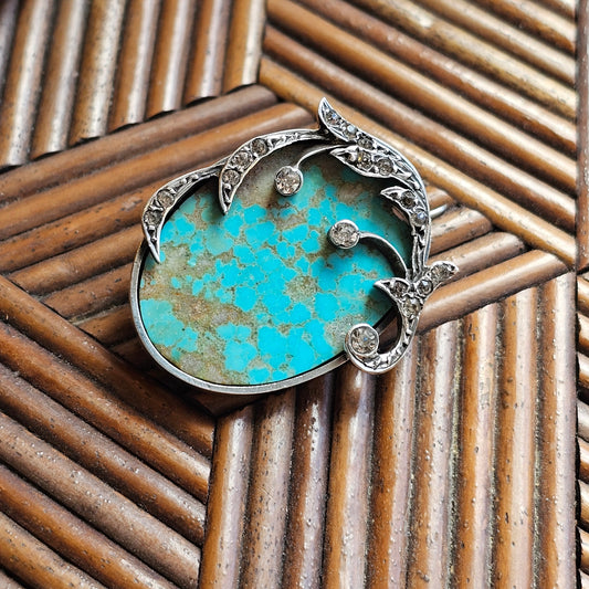 Antique Vintage Silver, Turquoise Stone & Glass Paste Brooch - Art Nouveau Style - Victorian Edwardian