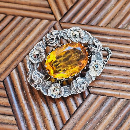 Art Nouveau Style Silver Brooch with Orange Paste Glass & Marcasite