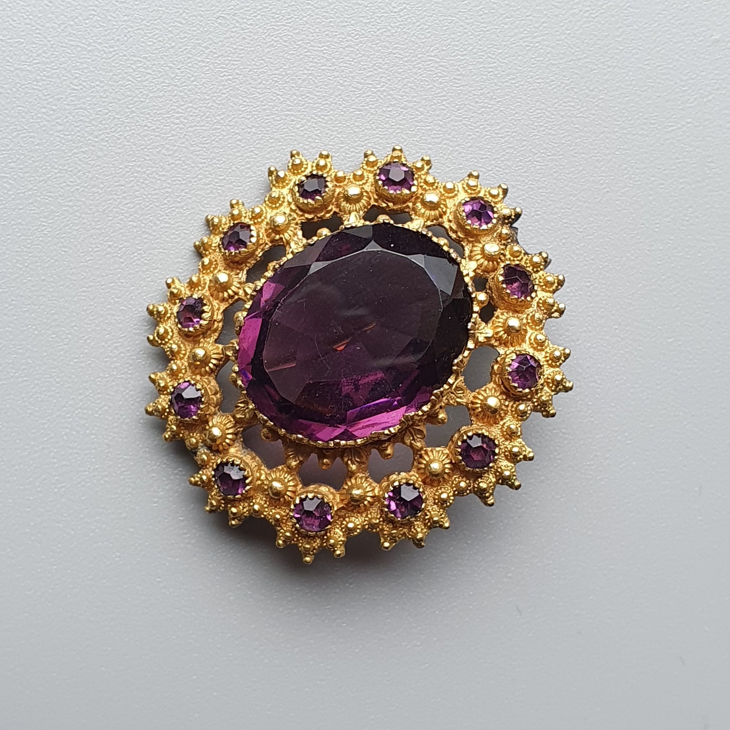 Antique Victorian Edwardian Gold Tone Purple Glass Statement Brooch