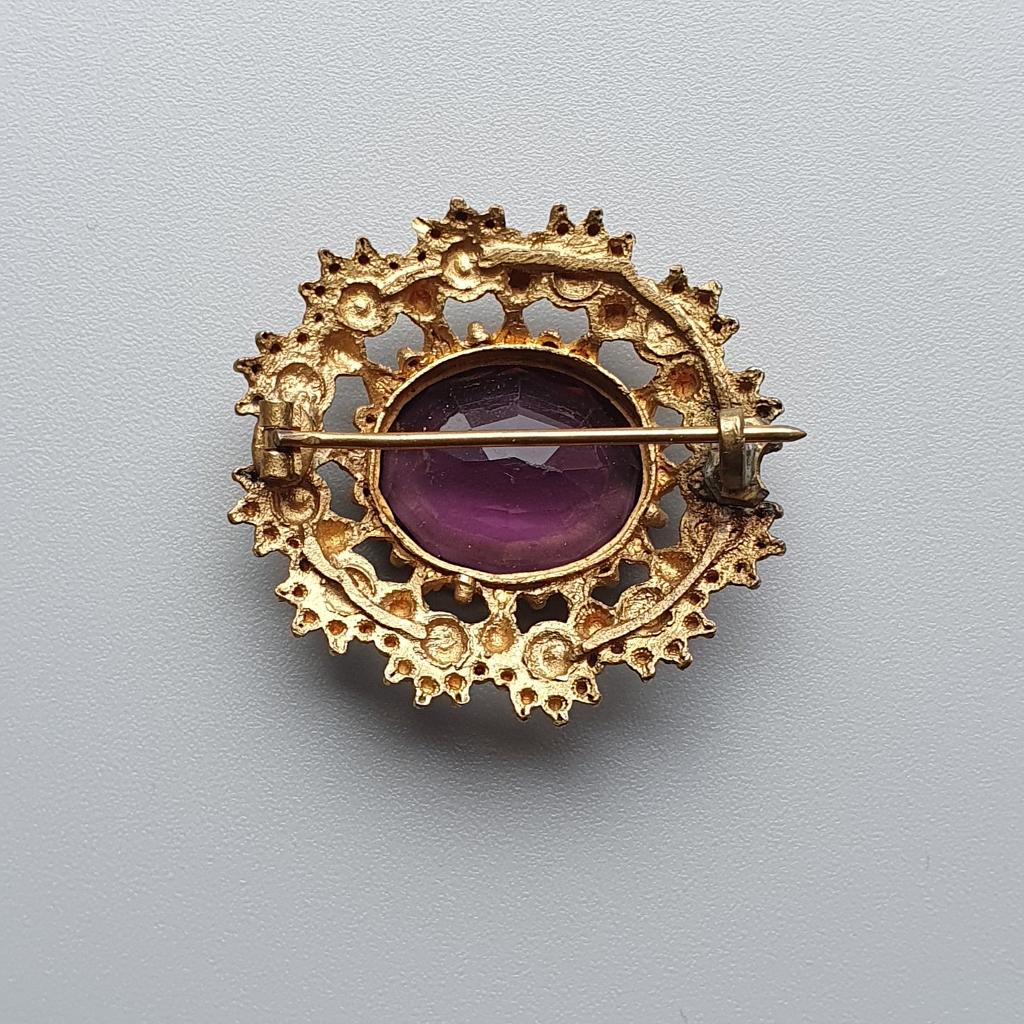 Antique Victorian Edwardian Gold Tone Purple Glass Statement Brooch