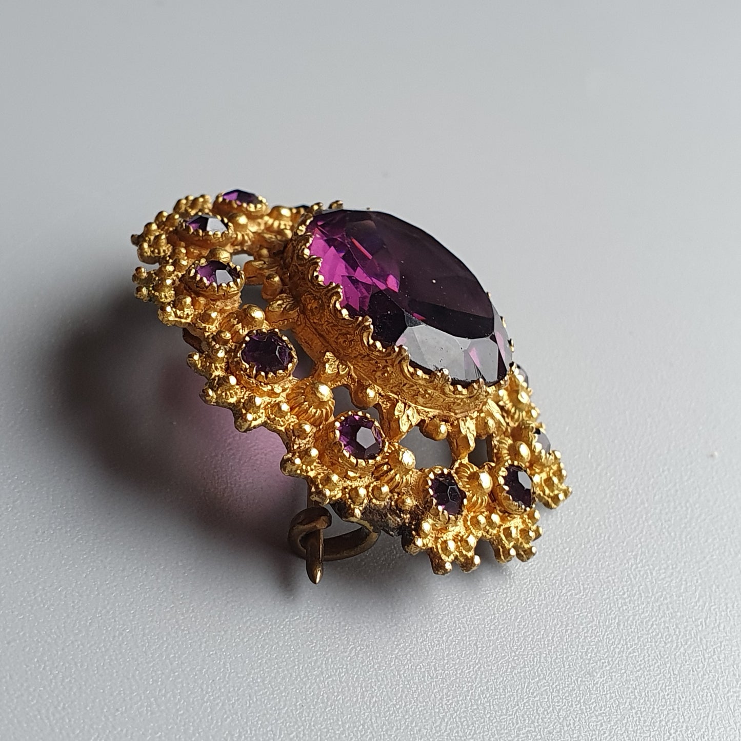 Antique Victorian Edwardian Gold Tone Purple Glass Statement Brooch