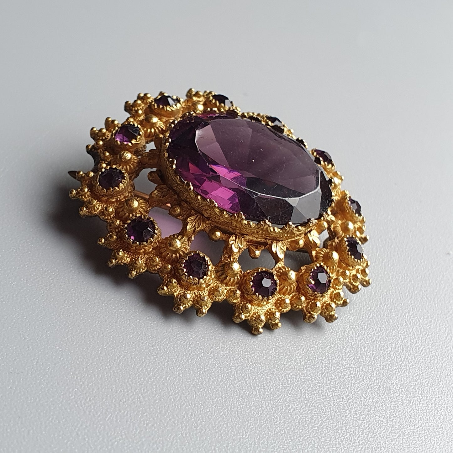 Antique Victorian Edwardian Gold Tone Purple Glass Statement Brooch