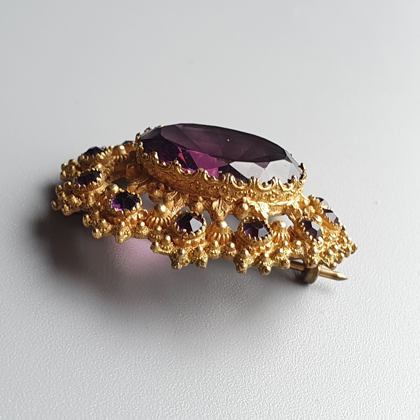 Antique Victorian Edwardian Gold Tone Purple Glass Statement Brooch