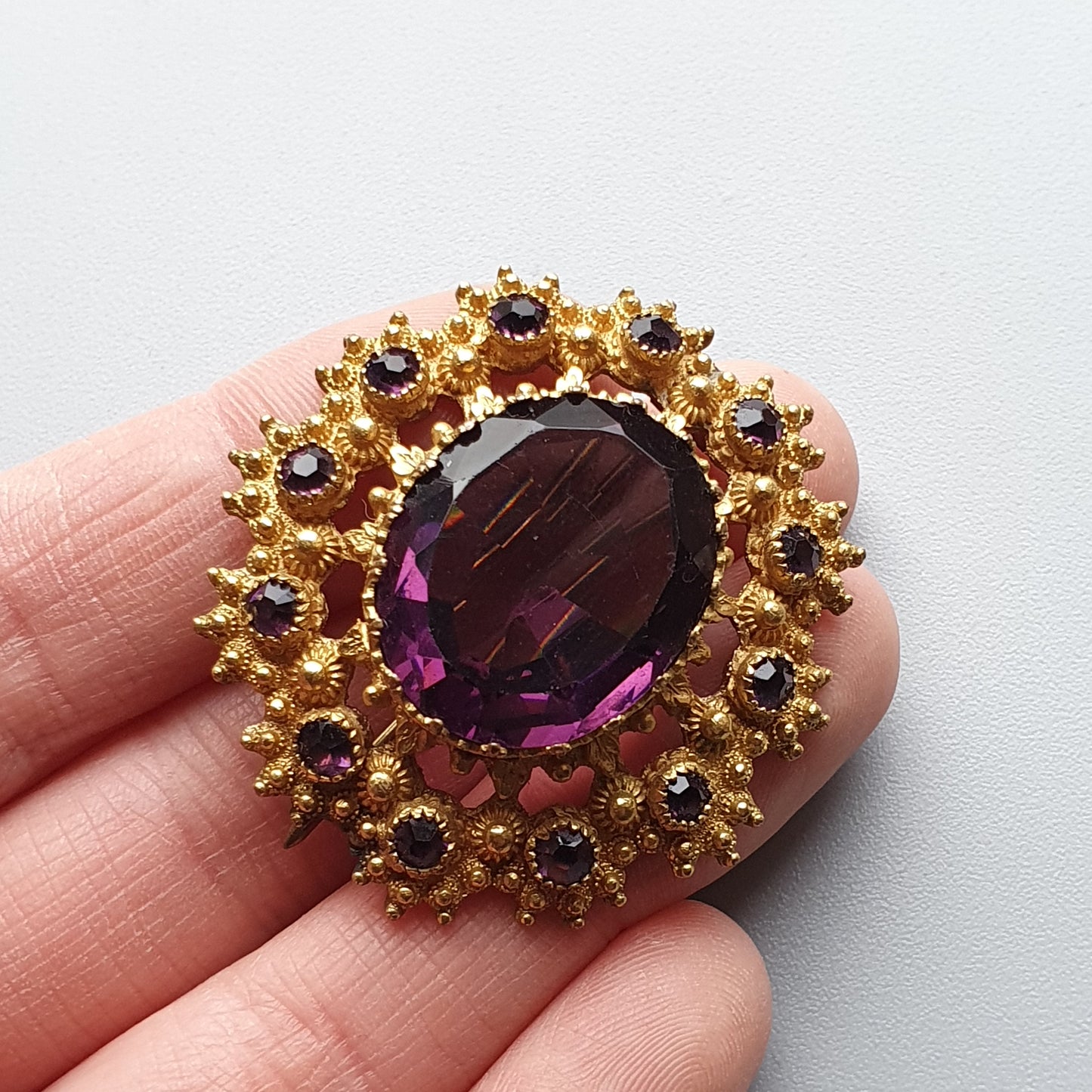 Antique Victorian Edwardian Gold Tone Purple Glass Statement Brooch