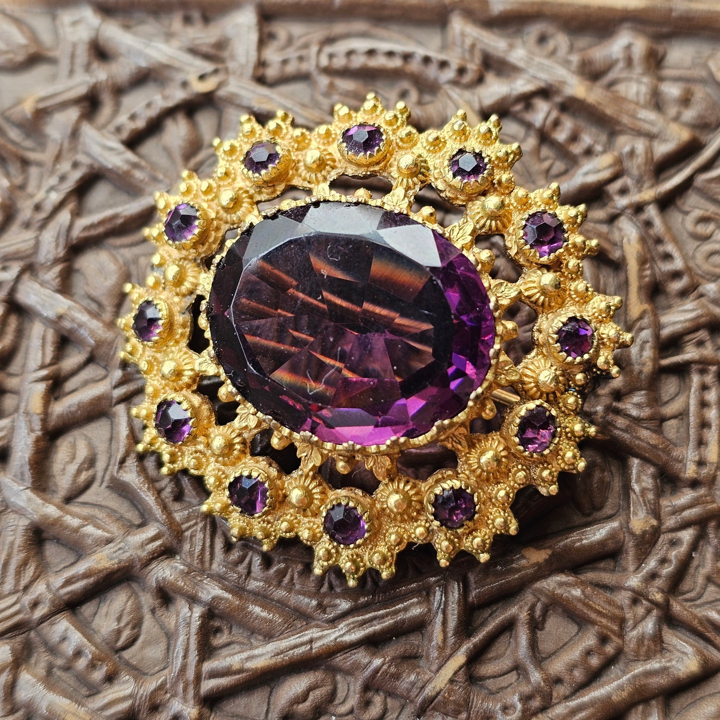 Antique Victorian Edwardian Gold Tone Purple Glass Statement Brooch
