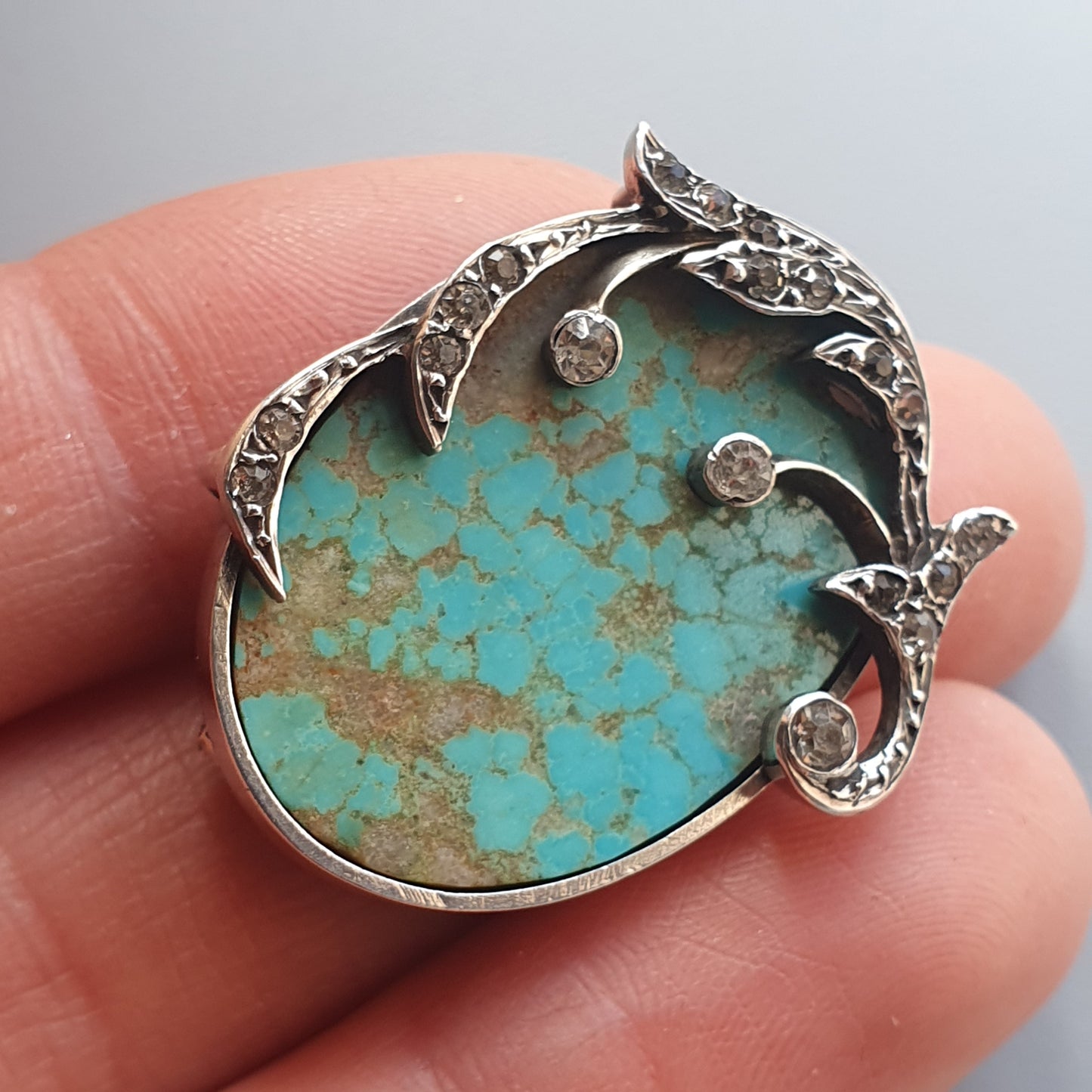 Antique Vintage Silver, Turquoise Stone & Glass Paste Brooch - Art Nouveau Style - Victorian Edwardian