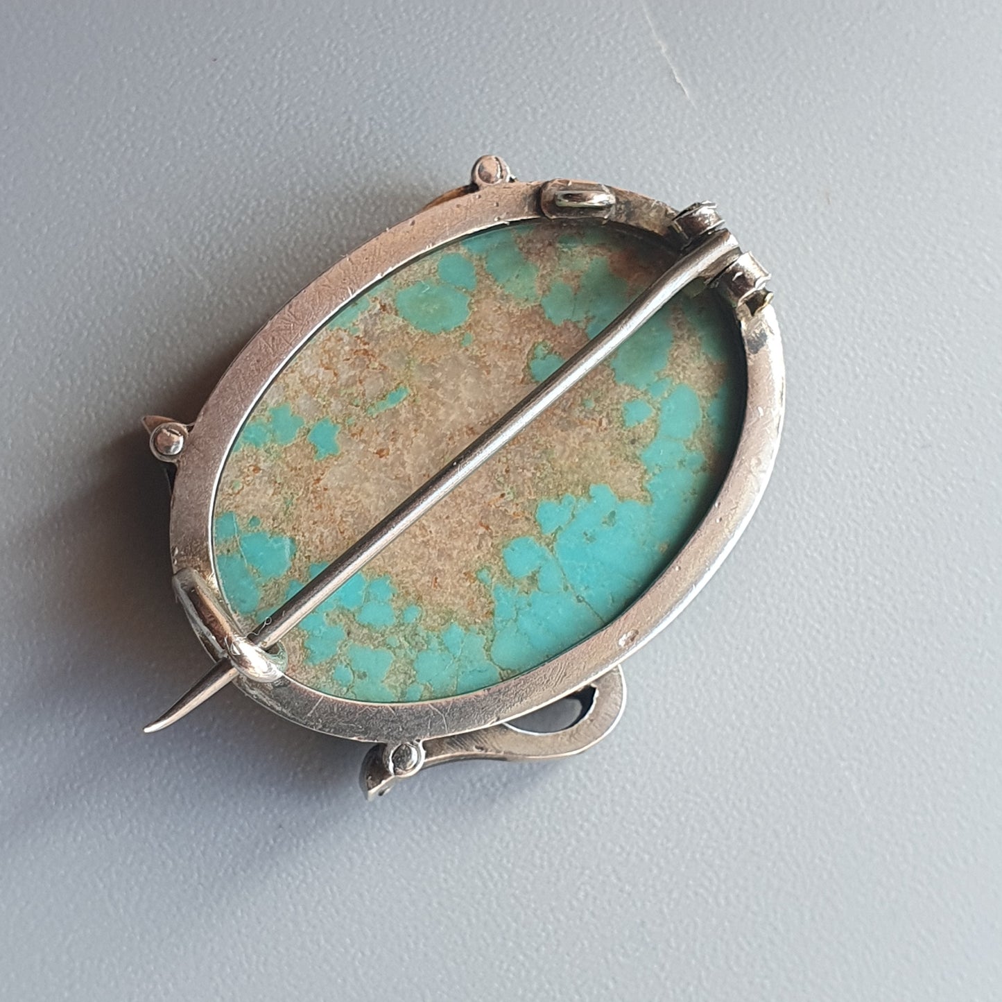 Antique Vintage Silver, Turquoise Stone & Glass Paste Brooch - Art Nouveau Style - Victorian Edwardian