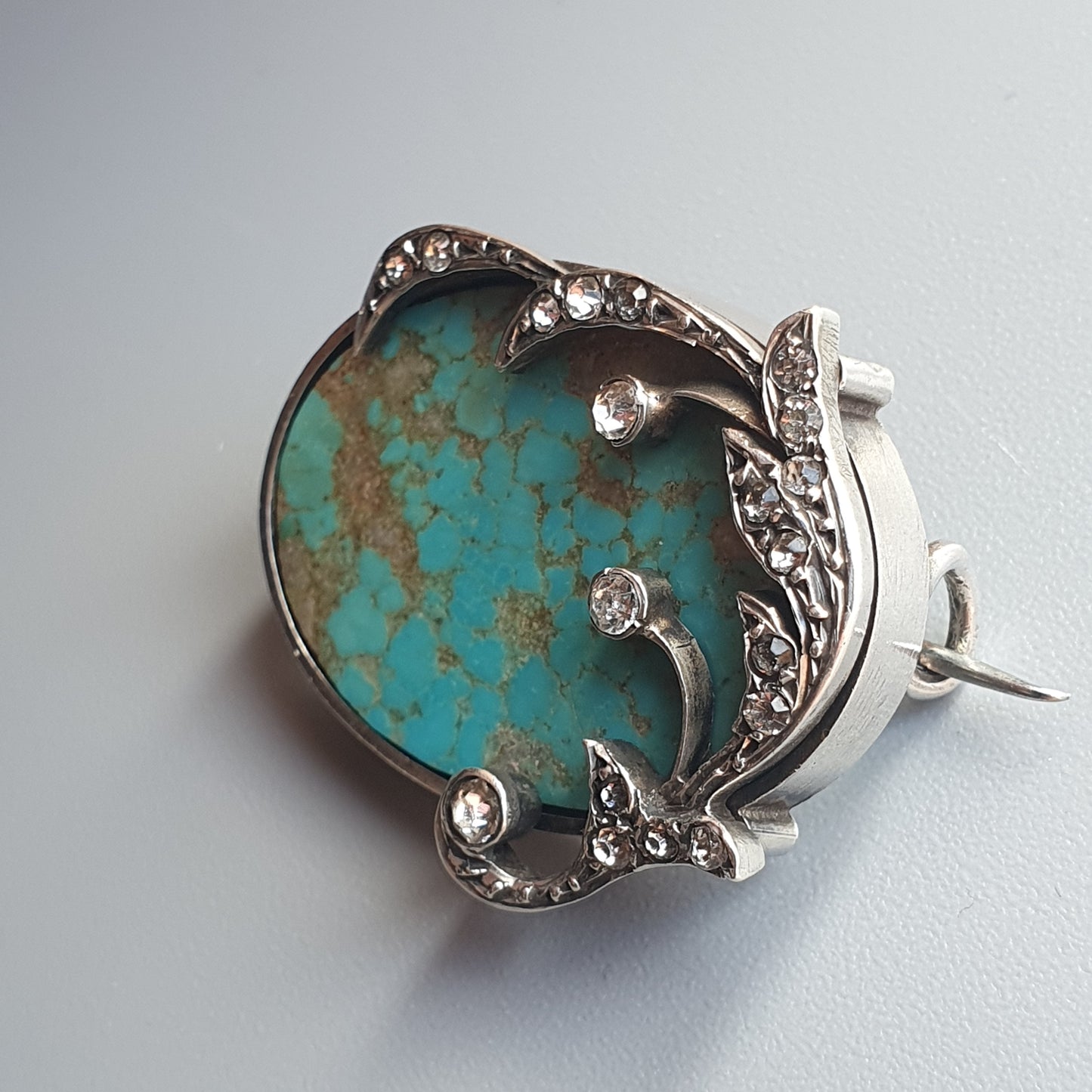 Antique Vintage Silver, Turquoise Stone & Glass Paste Brooch - Art Nouveau Style - Victorian Edwardian