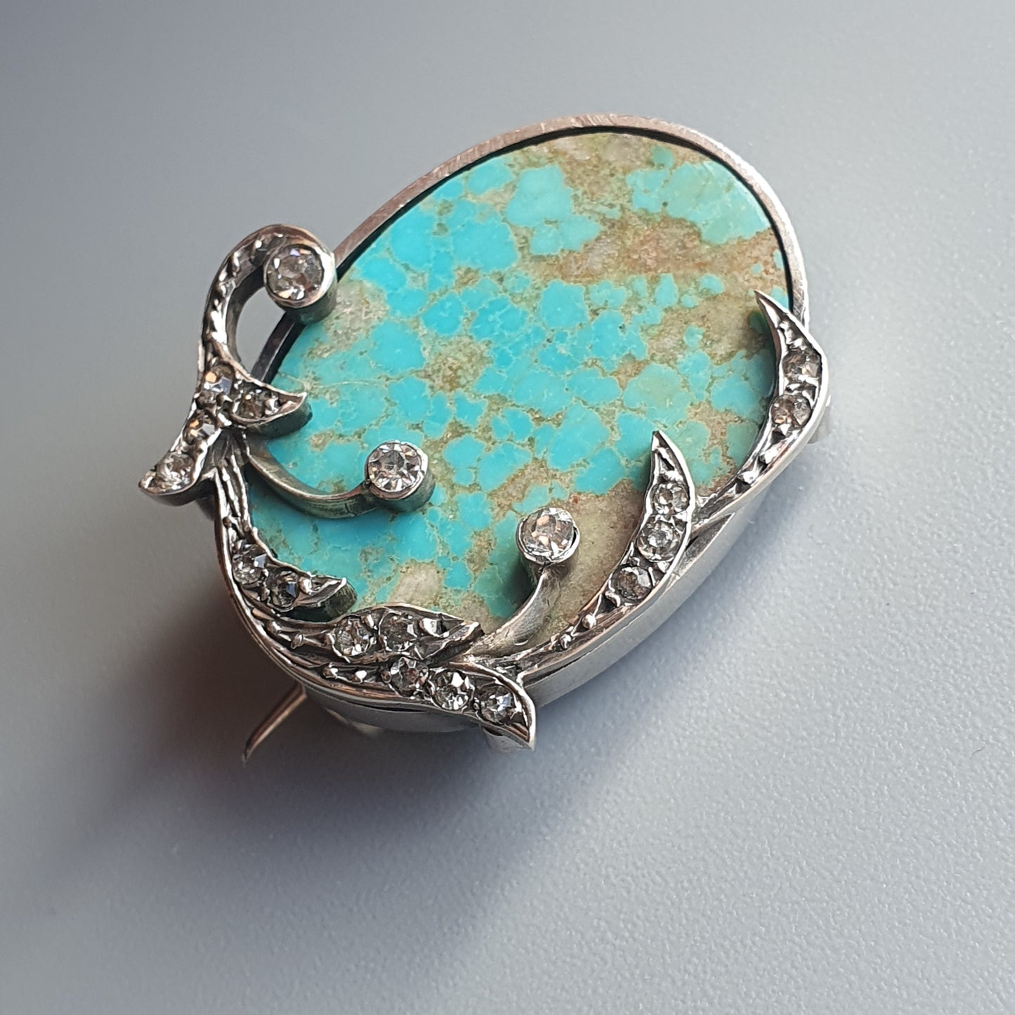 Antique Vintage Silver, Turquoise Stone & Glass Paste Brooch - Art Nouveau Style - Victorian Edwardian