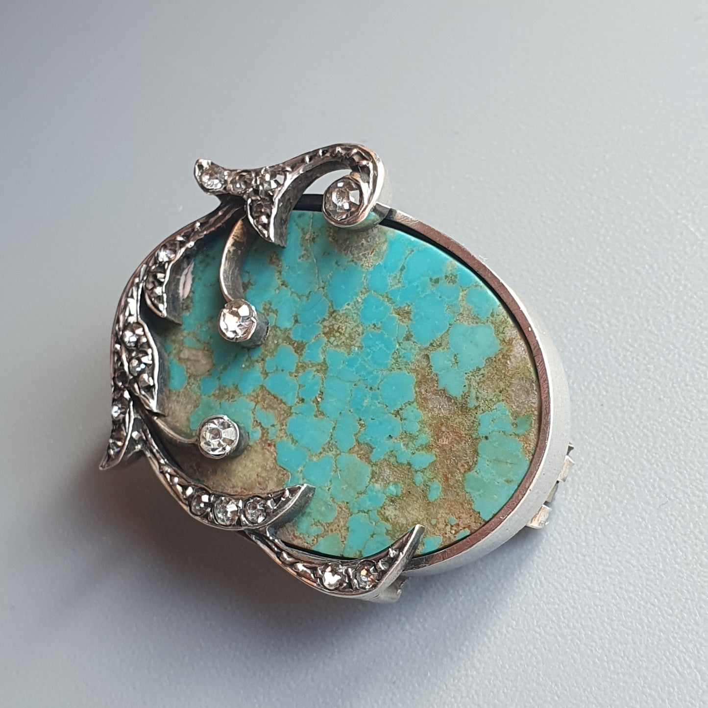 Antique Vintage Silver, Turquoise Stone & Glass Paste Brooch - Art Nouveau Style - Victorian Edwardian