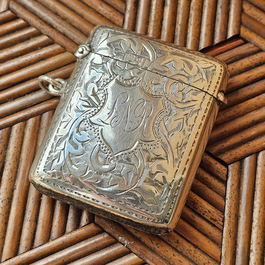 Vintage 1910s Sterling Silver Vesta Match Case | Engraved Floral Design British Hallmarked 1919