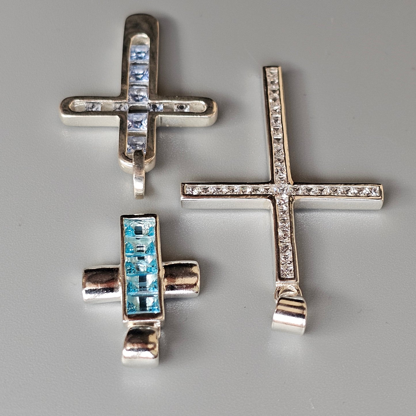 Vintage Sterling Silver Cross Pendants - Blue Glass, Spinel & Cubic Zirconia