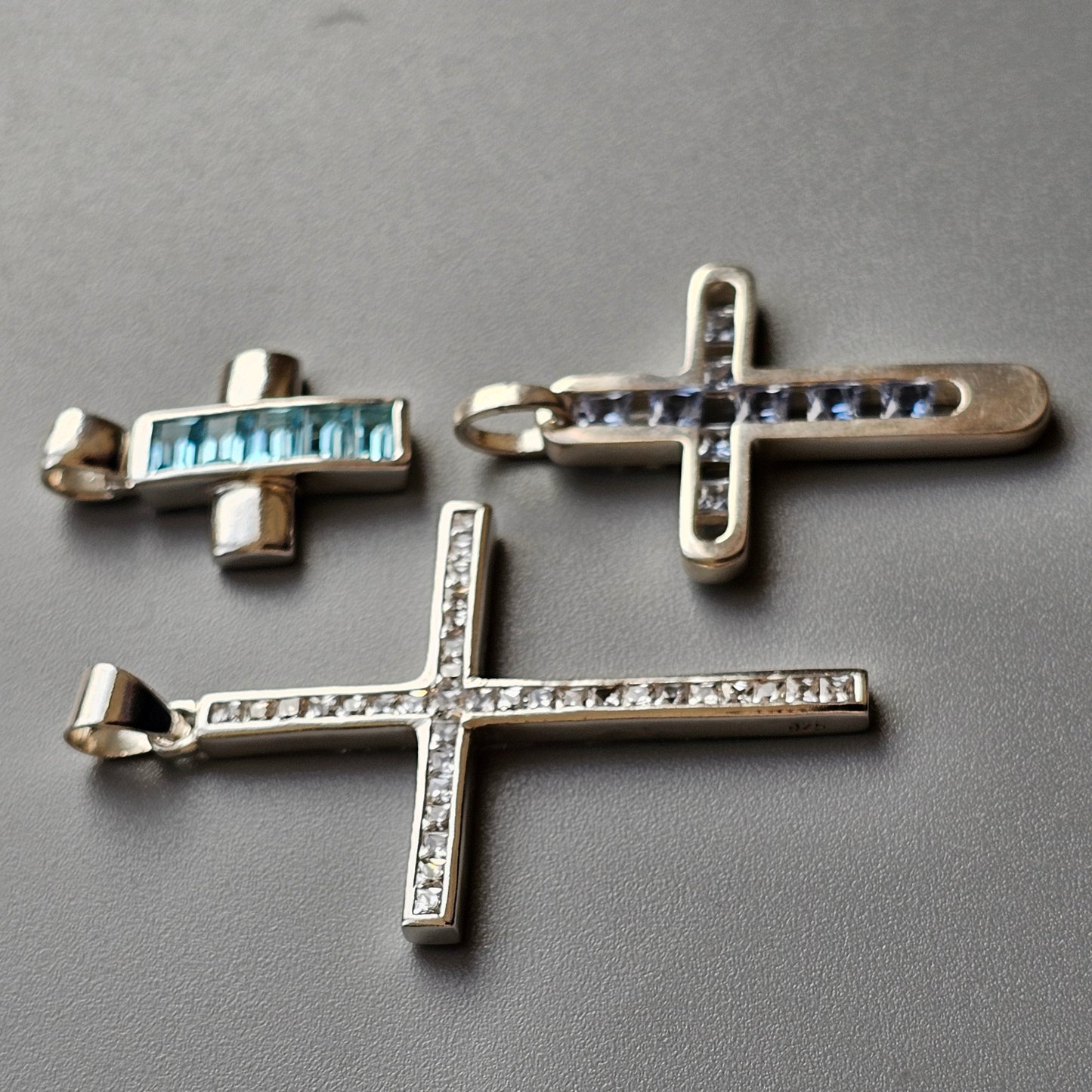 Vintage Sterling Silver Cross Pendants - Blue Glass, Spinel & Cubic Zirconia