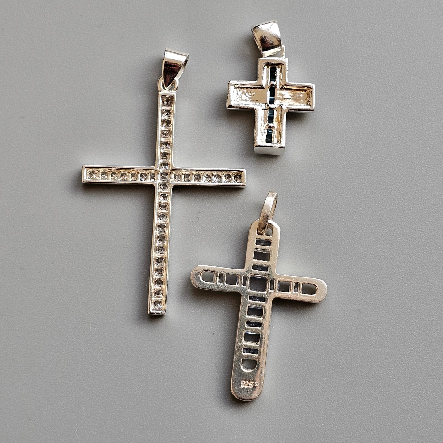 Vintage Sterling Silver Cross Pendants - Blue Glass, Spinel & Cubic Zirconia