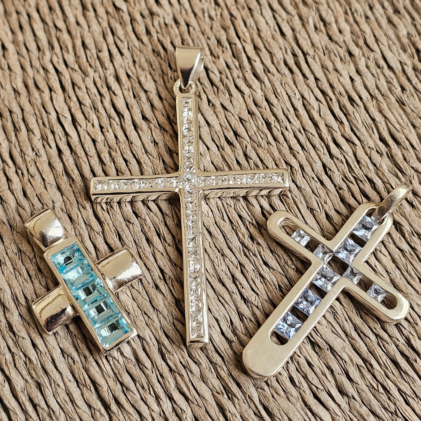 Vintage Sterling Silver Cross Pendants - Blue Glass, Spinel & Cubic Zirconia