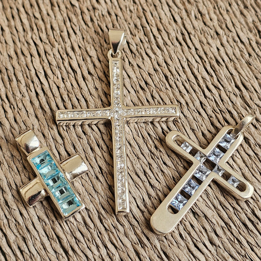 Vintage Sterling Silver Cross Pendants - Blue Glass, Spinel & Cubic Zirconia