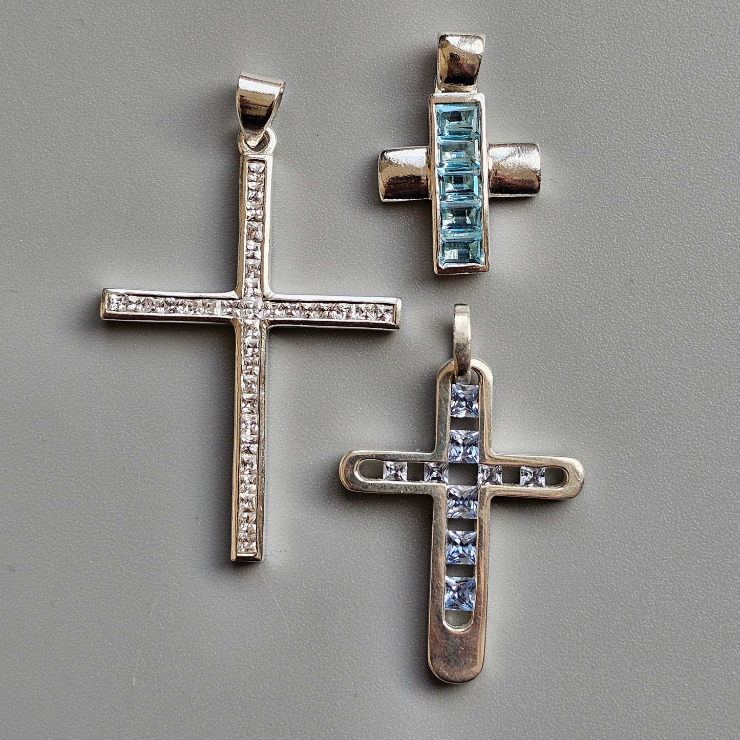 Vintage Sterling Silver Cross Pendants - Blue Glass, Spinel & Cubic Zirconia