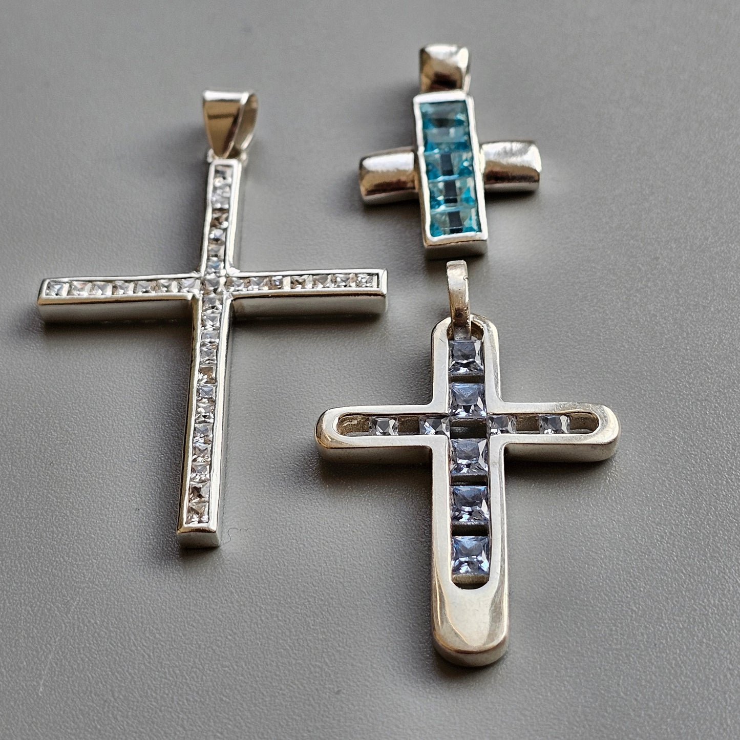 Vintage Sterling Silver Cross Pendants - Blue Glass, Spinel & Cubic Zirconia