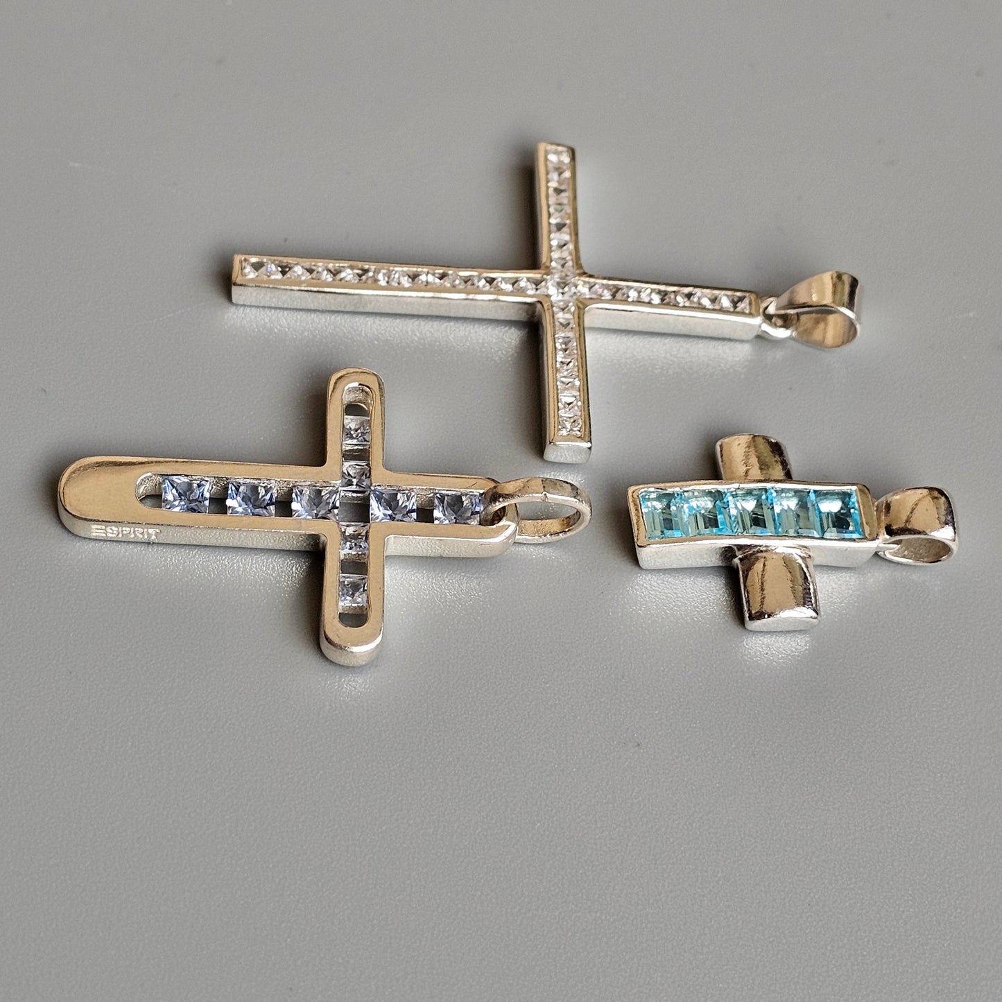 Vintage Sterling Silver Cross Pendants - Blue Glass, Spinel & Cubic Zirconia