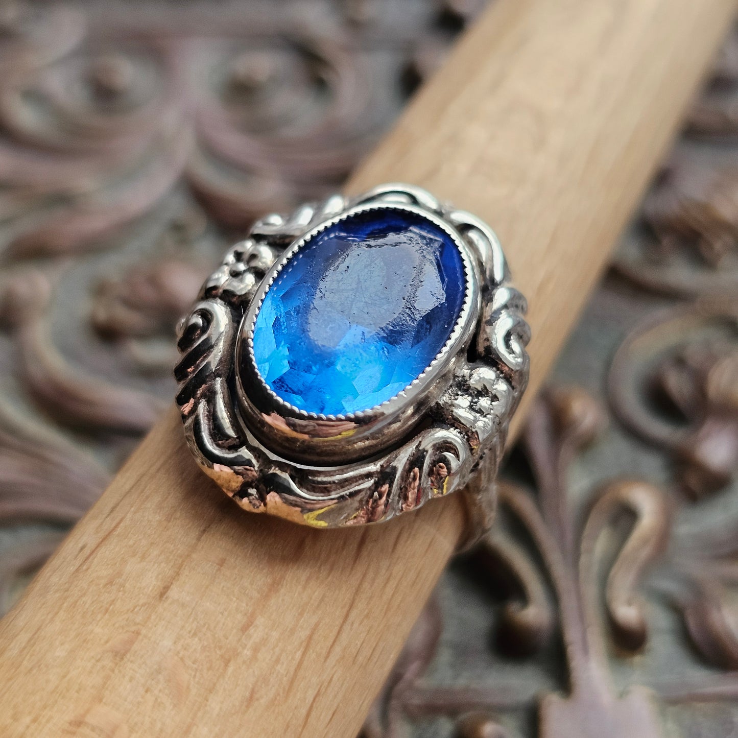 Vintage Art Deco era Silver & Blue Glass Paste Cocktail Ring