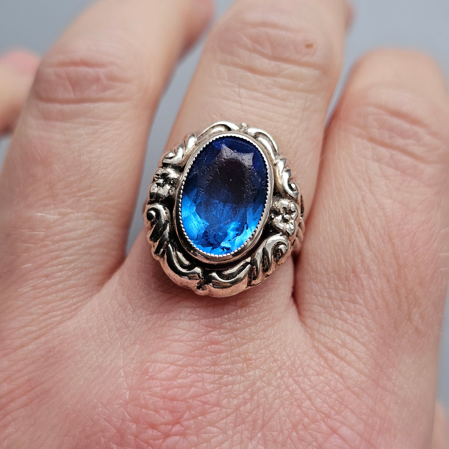 Vintage Art Deco era Silver & Blue Glass Paste Cocktail Ring