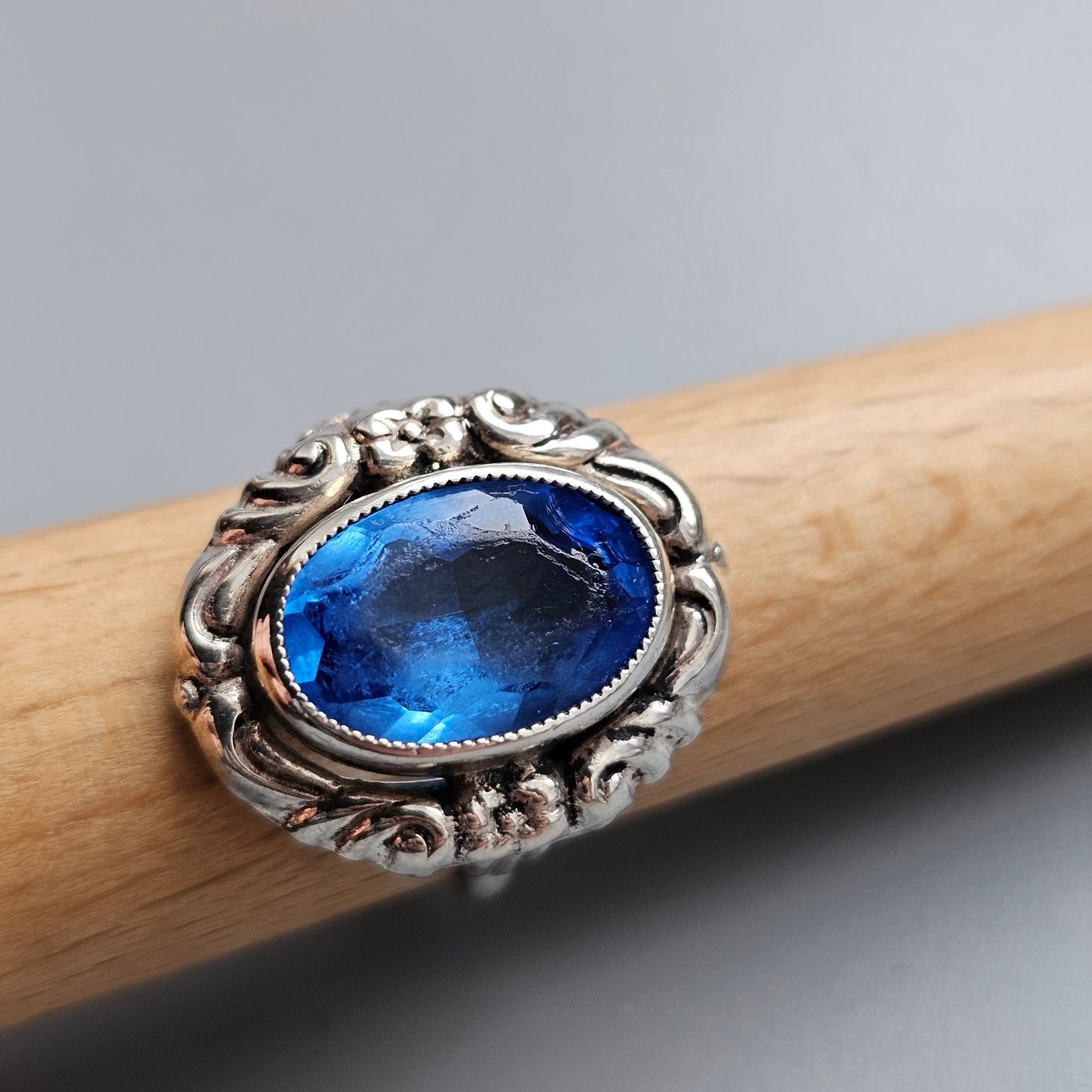 Vintage Art Deco era Silver & Blue Glass Paste Cocktail Ring