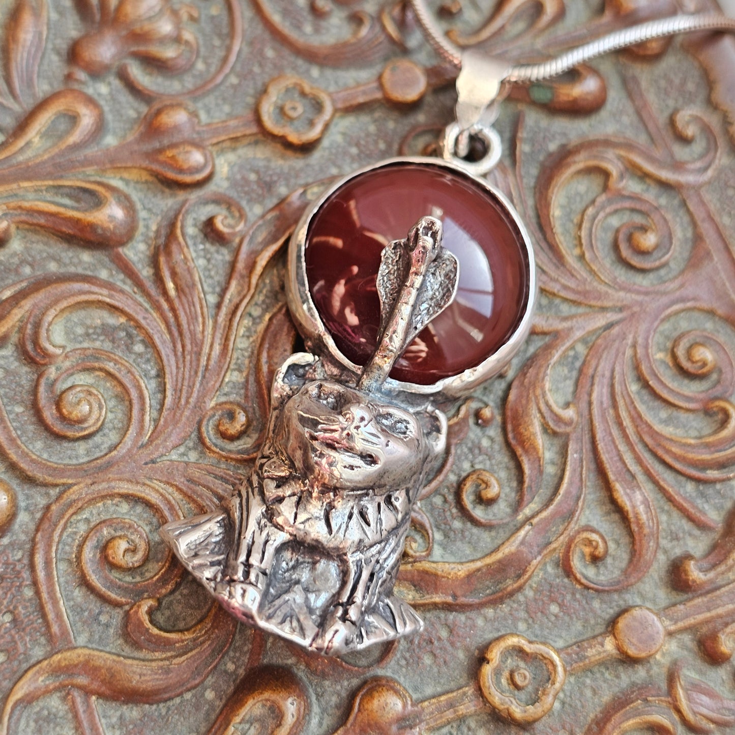 Vintage 1990s Sterling Silver Egyptian Revival Sekhmet Pendant with Carnelian Agate