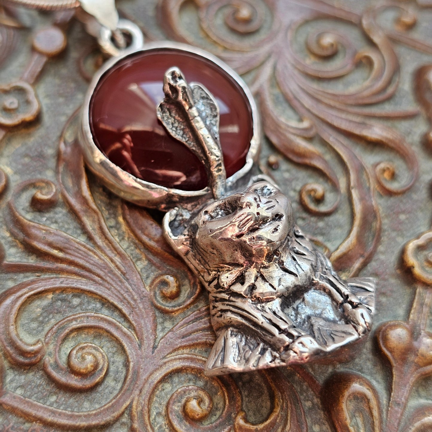 Vintage 1990s Sterling Silver Egyptian Revival Sekhmet Pendant with Carnelian Agate