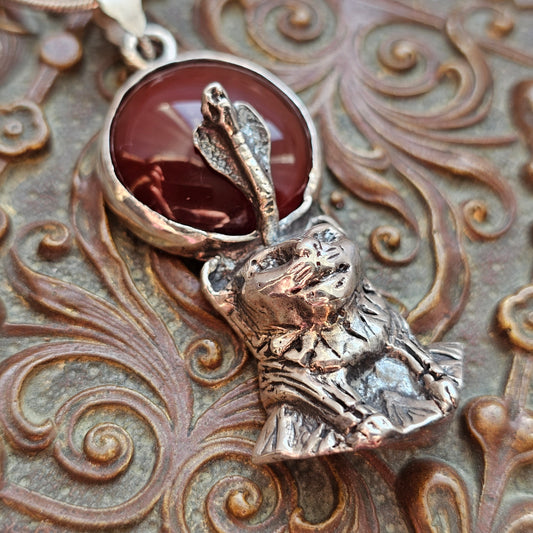 Vintage 1990s Sterling Silver Egyptian Revival Sekhmet Pendant with Carnelian Agate